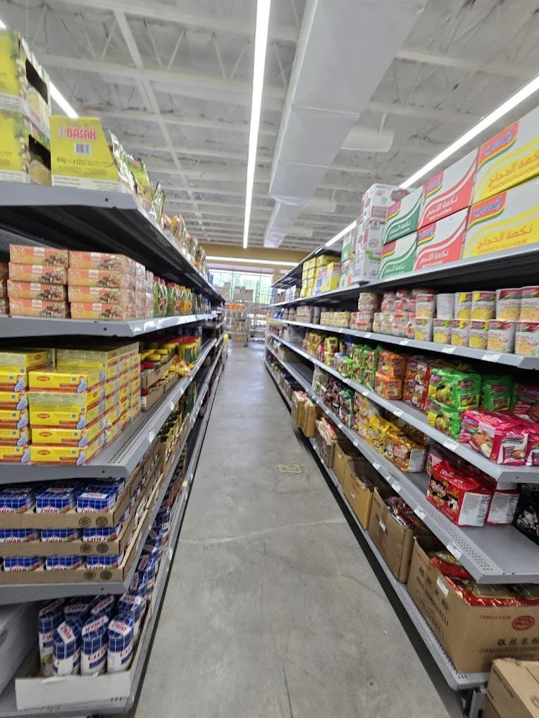 Grocery aisle stocked with international packaged foods